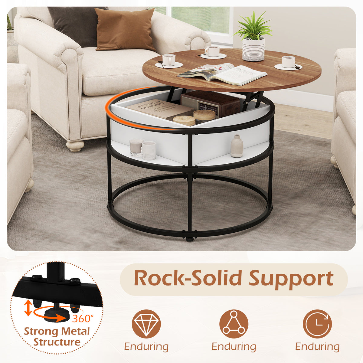 31.5 Inch Round Lift Top Coffee Table with Hidden Compartment - Teak