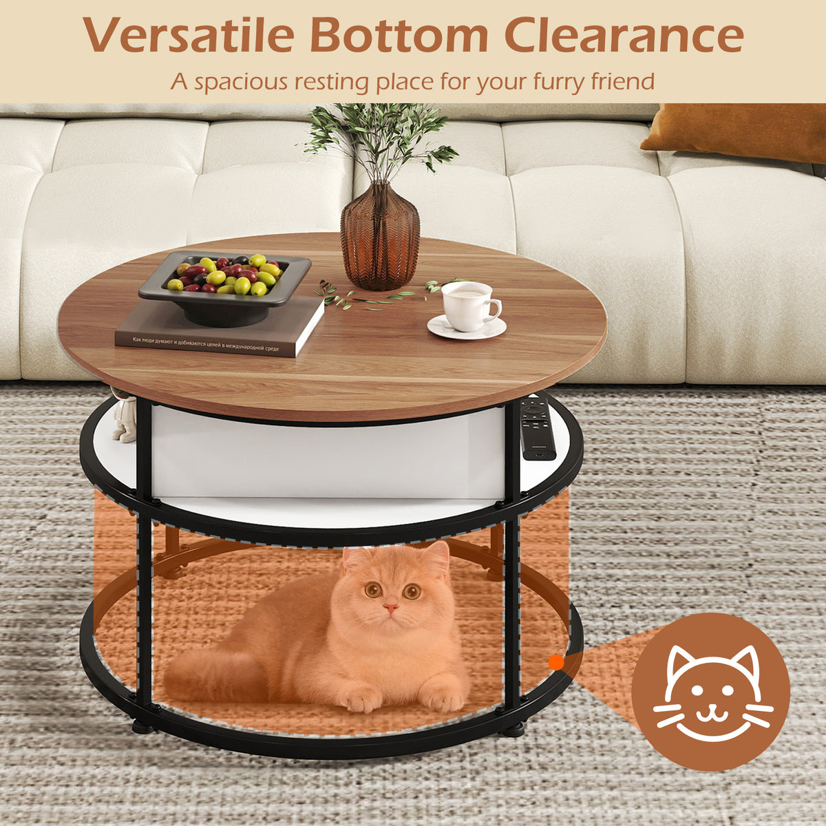 31.5 Inch Round Lift Top Coffee Table with Hidden Compartment - Teak