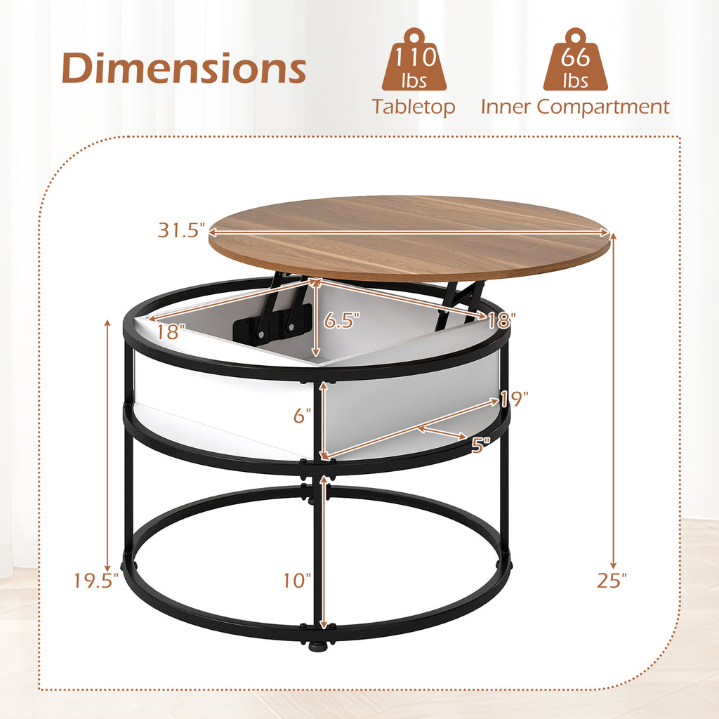 31.5 Inch Round Lift Top Coffee Table with Hidden Compartment - Teak