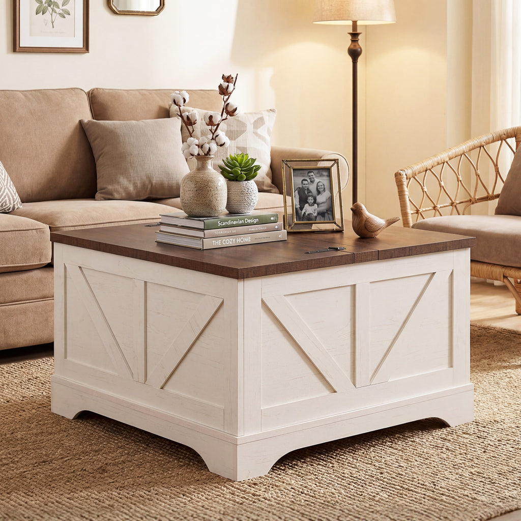 31.5" Square Lift-Top Coffee Table with Hidden Storage - Rustic Brown