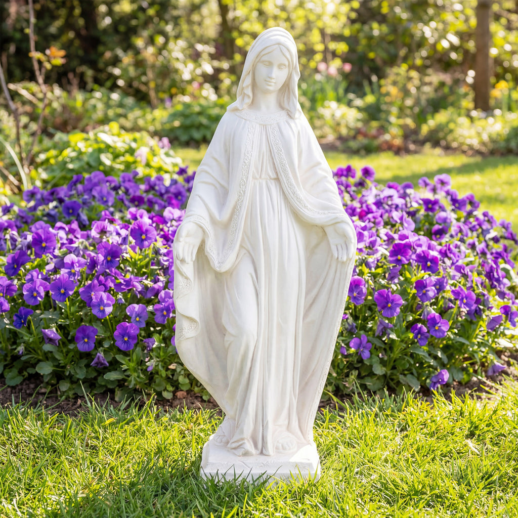 Virgin Mary Garden Statue - 31.5 Inch Aged Finish Blessing Sculpture for Yard Patio - White Variation