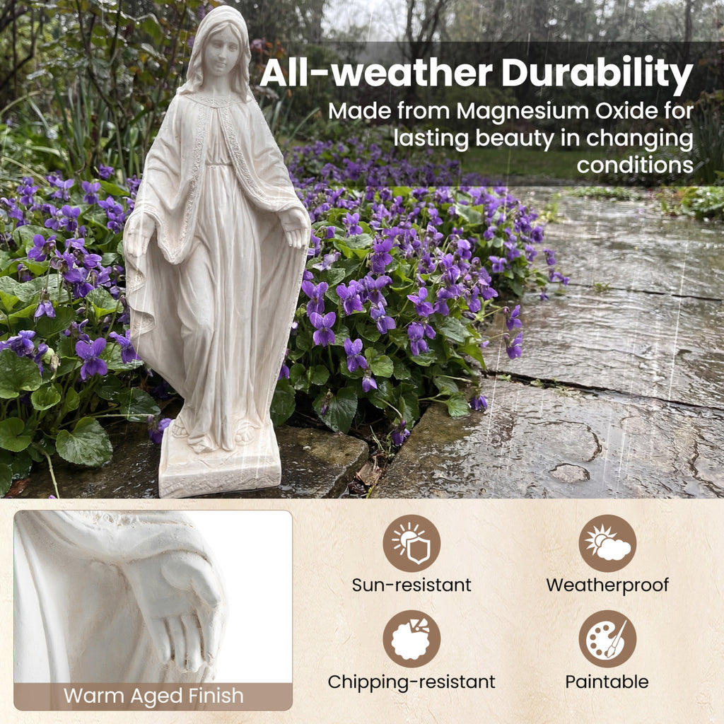 Virgin Mary Garden Statue - 31.5 Inch Aged Finish Blessing Sculpture for Yard Patio - White Variation