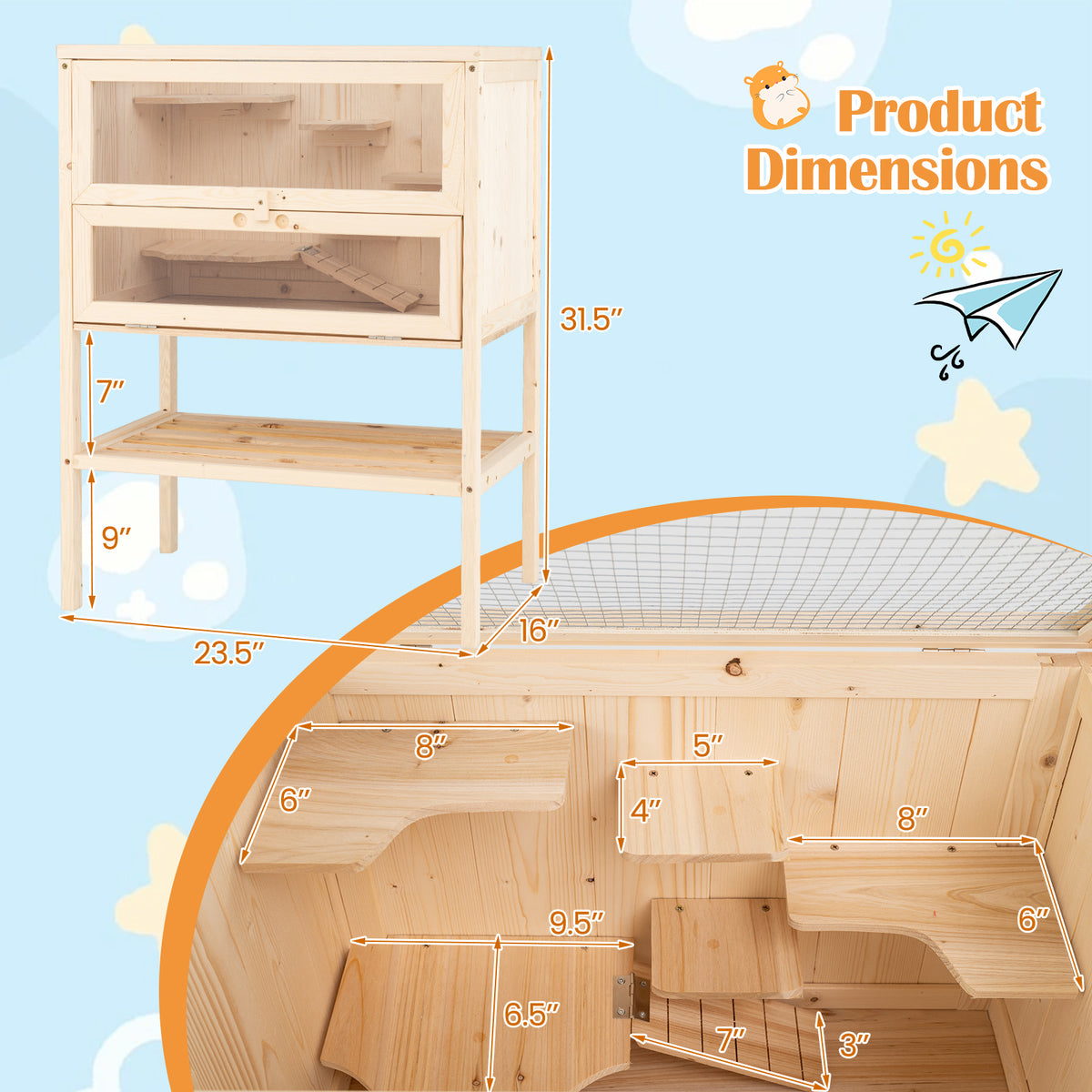 Wooden Hamster Cage with Raise Table Legs 31.5 Inches Freestanding Habitat Playpen