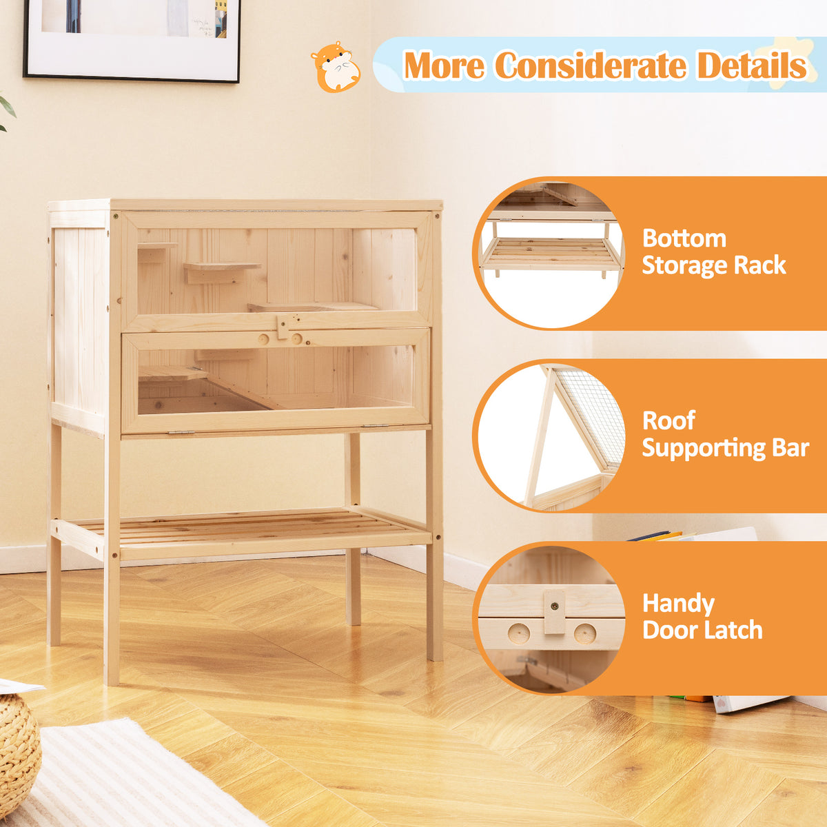 Wooden Hamster Cage with Raise Table Legs 31.5 Inches Freestanding Habitat Playpen