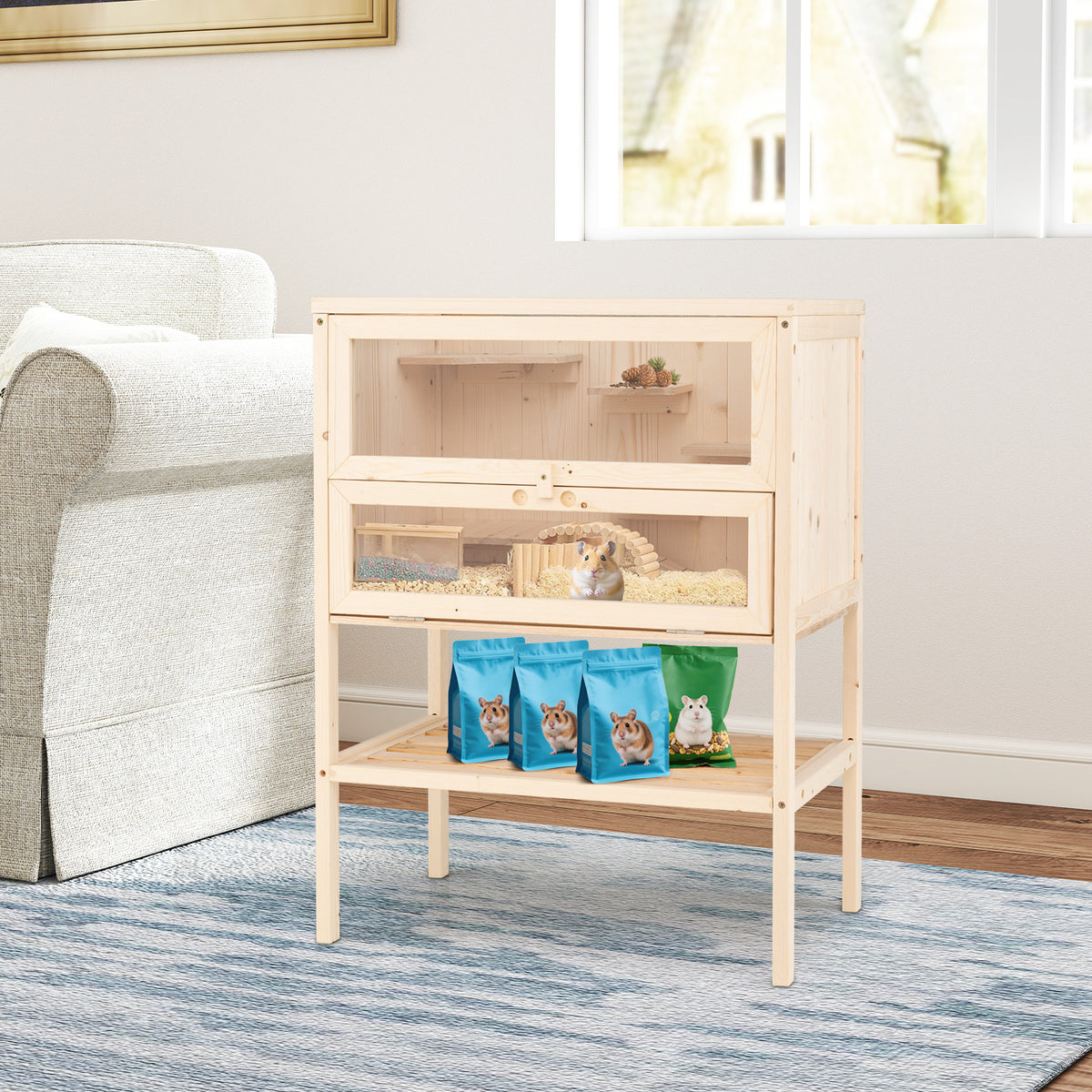 Wooden Hamster Cage with Raise Table Legs 31.5 Inches Freestanding Habitat Playpen