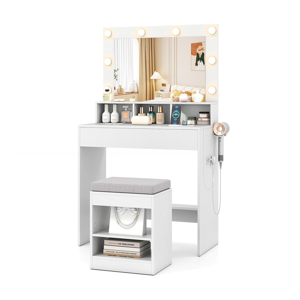 31.5" Lighted Vanity Desk with Storage & Stool, White