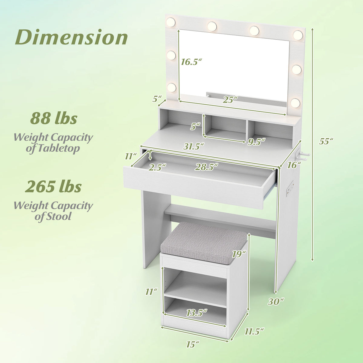 31.5" Lighted Vanity Desk with Storage & Stool, White