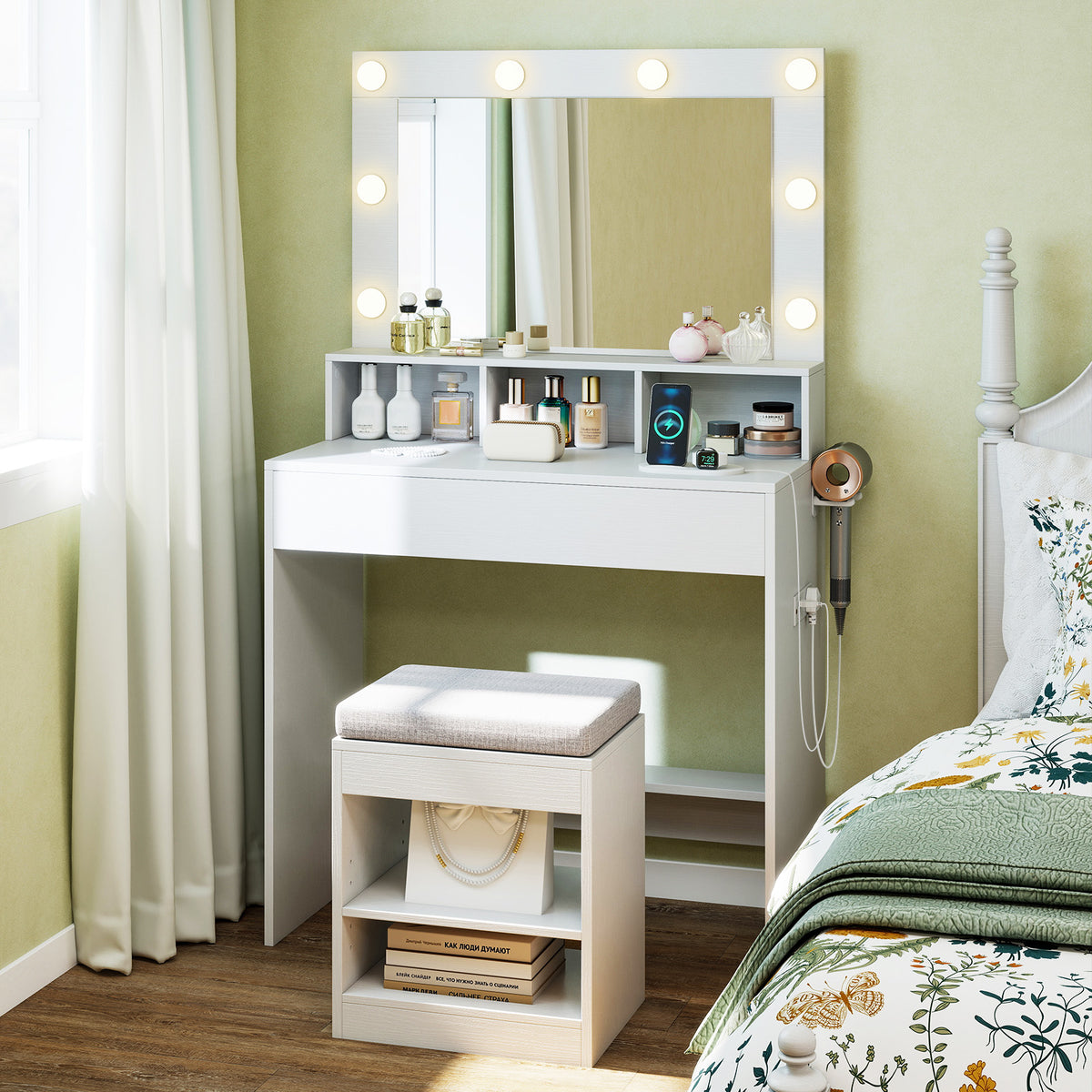 31.5" Lighted Vanity Desk with Storage & Stool, White