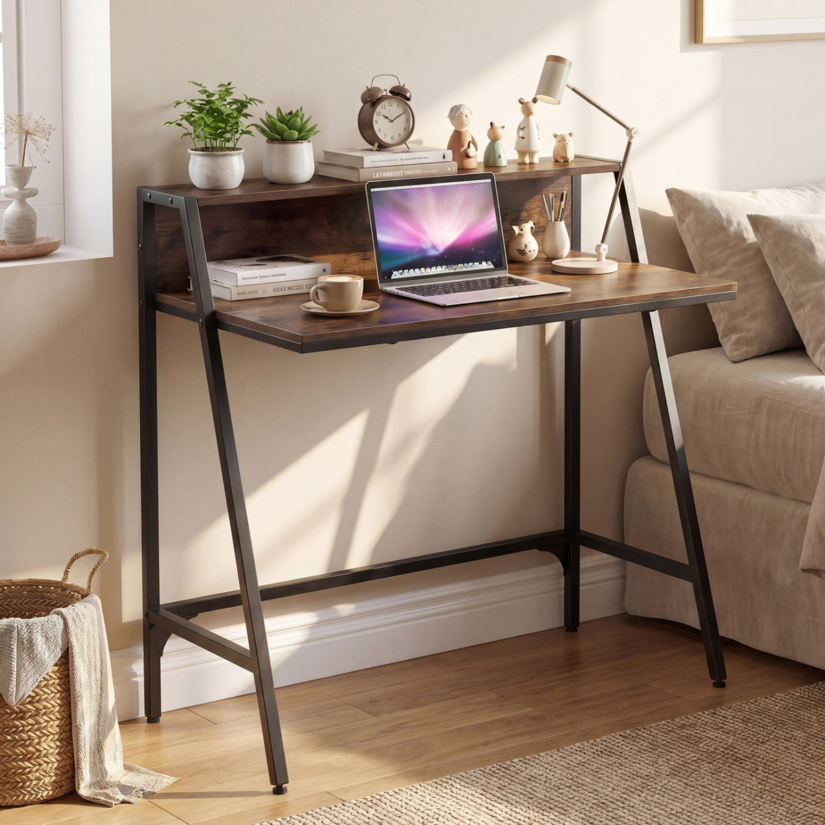 31.5" Industrial Desk with Raised Shelf - Rustic Brown