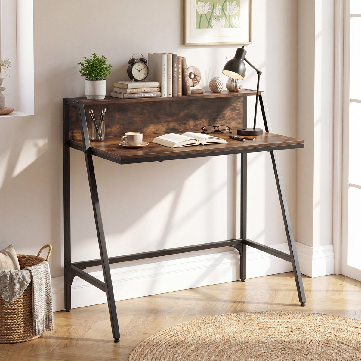 31.5" Industrial Desk with Raised Shelf - Rustic Brown