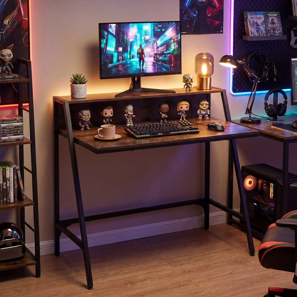 31.5" Industrial Desk with Raised Shelf - Rustic Brown