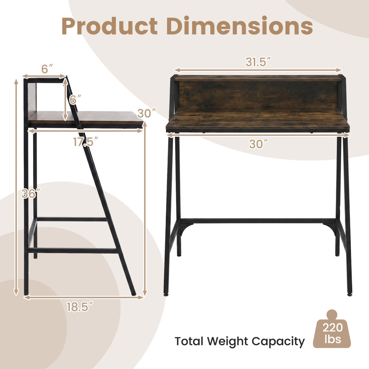 31.5" Industrial Desk with Raised Shelf - Rustic Brown