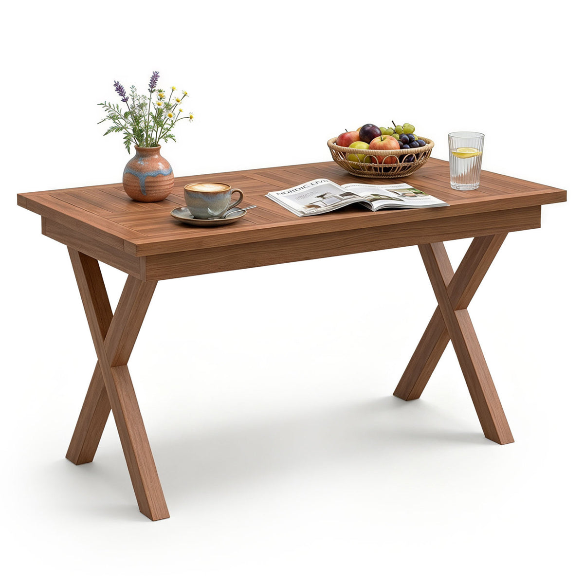 Solid Wood Patio Table with Slatted Tabletop for Garden Lawn Porch