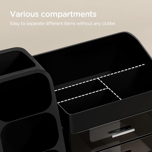 HBlife Makeup Organizer with Brush Holder for Vanity, Large Plastic Bathroom Countertop Organizer Cologne Organizer for Men, Easy to Store Lipsticks, Nail Polishes, Perfumes, Eyeshadow Palettes, Black