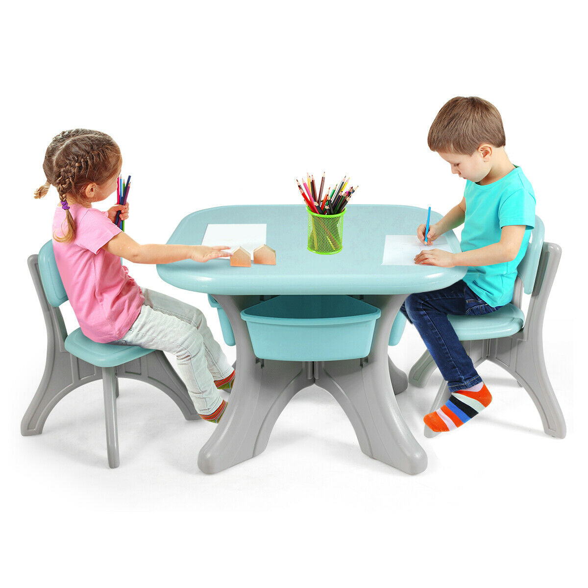 Kids Activity Table and Chair Set with Storage - Blue, Durable Plastic Play Furniture