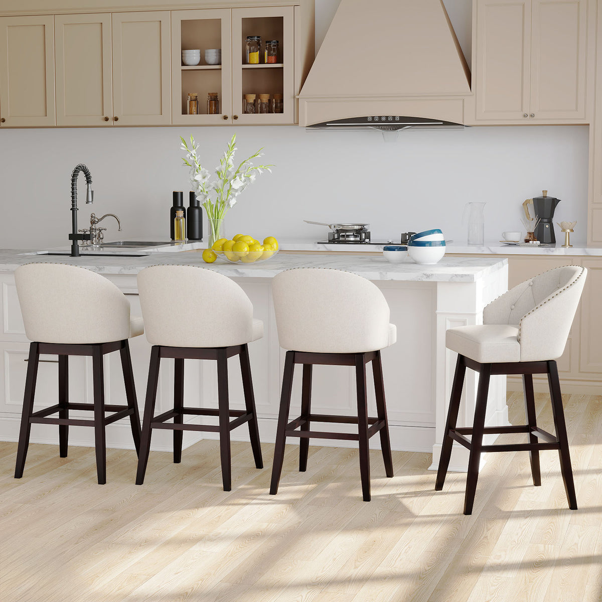 31 Inch Bar Stools Set of 4, Beige - Padded Swivel Chairs