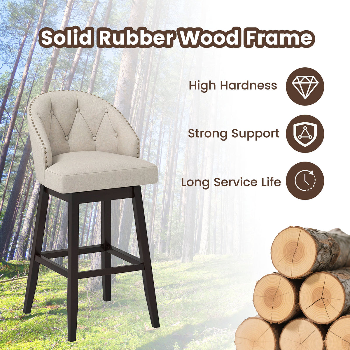 31 Inch Bar Stools Set of 4, Beige - Padded Swivel Chairs