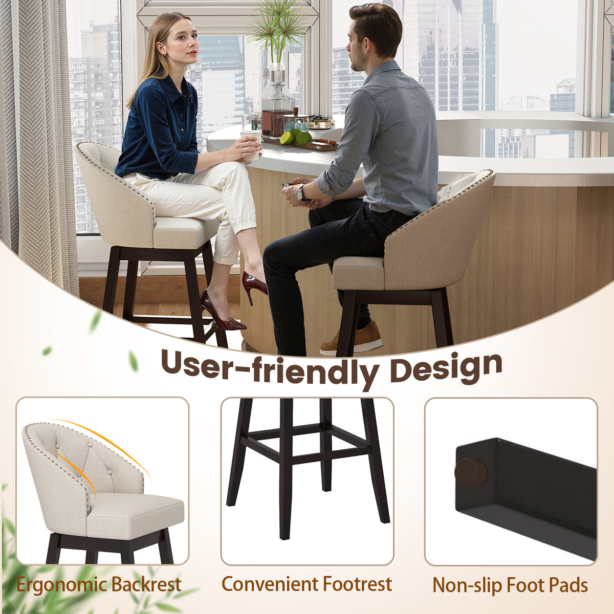 31 Inch Bar Stools Set of 4, Beige - Padded Swivel Chairs