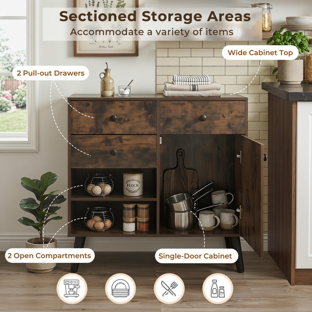 31" Sideboard Cabinet with Drawers & Shelves - Rustic Brown