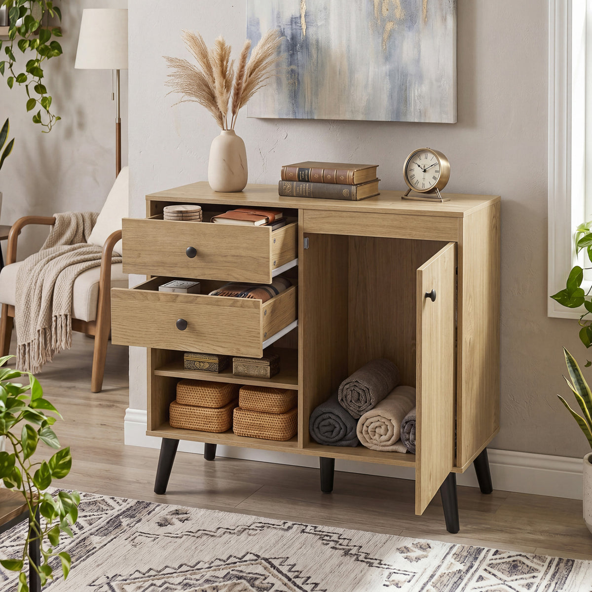 31" Sideboard Cabinet with Drawers & Storage - Natural