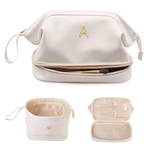 Women Gifts, Bridesmaid Gift, Initial Large Makeup Bag, Travel Essentials, Personalized Double Layer Cosmetic Bag with Makeup Brush Organizer, Toiletry Bag, Gifts for Friends Female Mom