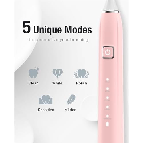 7AM2M Sonic Electric Toothbrush with 6 Brush Heads for Adults&Kids, One Charge for 120 Days, Wireless Fast Charge, 5 Modes, 40000VPM Powered Toothbrush, 2 Minutes Built in Smart Timer -Pink