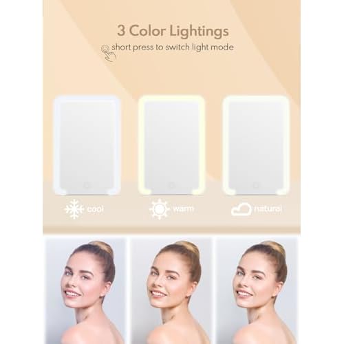 Qislee Travel Makeup Mirror with Lights, 3 Color Modes, 8 x 5 inches Desk Mirror with Foldable Stand, Touch Dimming, Perfect Travel Accessory, White