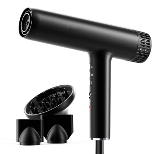 Hair Dryer, Professional Brushless Motor Ionic Hair Blow Dryer with Diffuser, Magnetic Nozzles, 0.83Pound, 2000W, 60dB, 3 Heat Settings & 3 Speed & Cold Settings, Diffuser Hair Dryer, Black