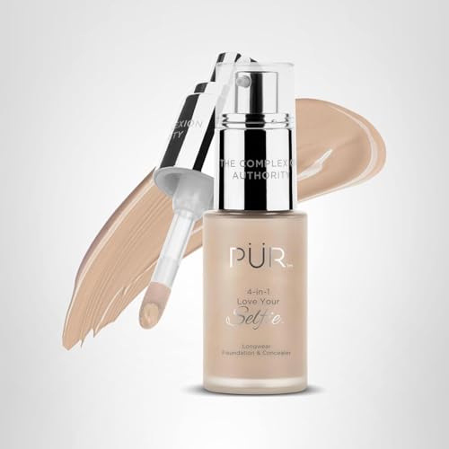 PÜR MINERALS 4-in-1 Love Your Selfie Longwear Foundation and Concealer - Unique, Dual-Applicator Component - Covers Blemishes and Imperfection - Reduce Fine Lines and Wrinkles - MN5 - 1 oz Makeup