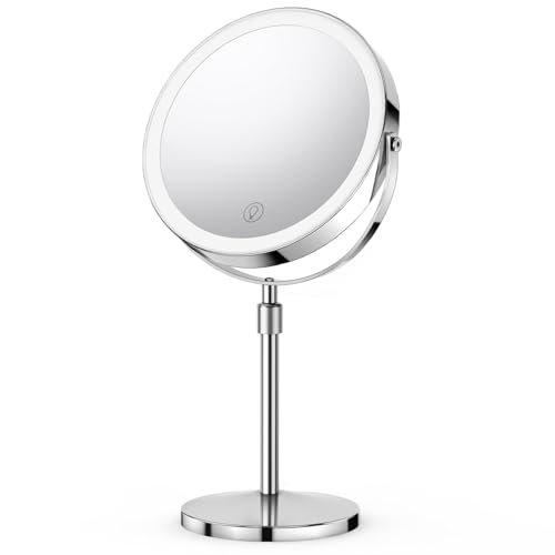 10x/1x Lighted Vanity Makeup Mirror, 2000mAh Rechargeable Height Adjustable Double Sided, Magnifying Mirror with 3 Color Light, Brightness Adjustable, 360¡Æ Rotation, Women Gift