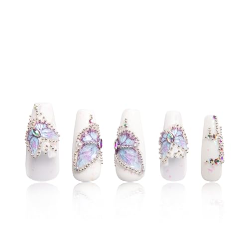 LOVFUL Press on Nails Holly Blue | Handmade with Full Covered Crystals | Reusable Fake Nails | Coffin Classic Regular 1.3 in | H23-M