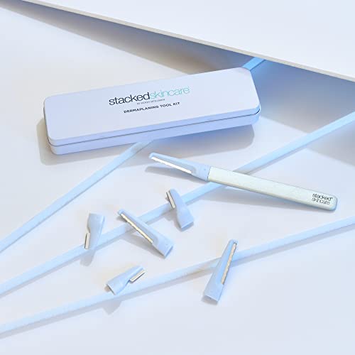 StackedSkincare Dermaplaning Kit for Face - At Home Dermaplaning Tool with Comfort Handle, 3 Replaceable Blades + 3 Precision Blades - Exfoliates, Removes Peach Fuzz, Softens Skin, 7 Count