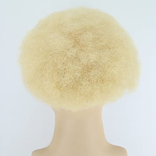 ZigZag Hair Blonde #613 Mix Brown Mens Toupee Fluffy Afro Curly Short Hair Full Lace Men's Wig 8x10inch Brazilian Human Hair Tight Afro Curly Men's Hair Systems Hairpiece (#613 Color, Full Lace)