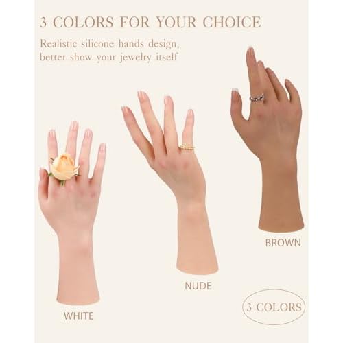 KUMIHO Realistic Silicone Female Hand Model Fake Hand for Jewelry Display Tattoo Training Practice Art Sketch with Nails, 1 Pair -with Skeleton, Brown
