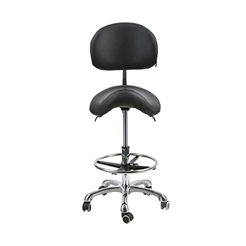 Saddle Stool Chair with Backrest Swivel Hydraulic Ergonomic Tilt Seat Chair with Wheels Footrest for Medical Hospital Clinic Dental Hygienist Esthetician Beauty Salon Hair Stylist Black