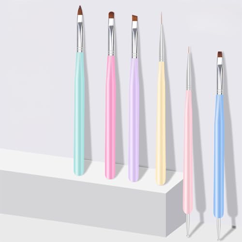 Nail Art Brushes, 6Pcs Nail Art Painting Tools with Nail Art Fine Liner Brush, Nail Design Painting Brushes Set, Builder Gel Brush, Nail Dotting Pen for Gel Polish Manicure Salon DIY, Multicolor