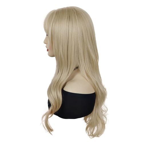 GNIMEGIL 24 Inch Long Blonde Wig With Bangs 24 Inch Long Wavy Wig For Women Bouncy And Shiny Synthetic Blonde Hair Wigs Natural Look Daily Cosplay Party Halloween