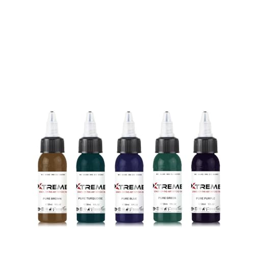 Xtreme Ink 5 Pure Color Set 1/2oz - Elevate Tattoo Art with Pure Blue, Green, Turquoise, Purple, and Brown Inks - Concentrated Tattoo Ink Collection for Stunning Designs (Set of 5, 1/2 oz)