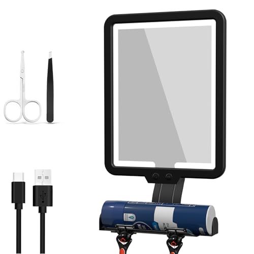 Heated Shower Mirror Fogless for Shaving, Fog Free Large 9.5 * 7inch Shower Shaving Mirror with Light, Rechargeable Anti-Fog Shower Mirror with Storage Tray & Razor Holders