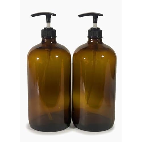 Vivaplex, 2, Large, 32 oz, Empty, Amber Glass Bottles with Black Lotion Pumps