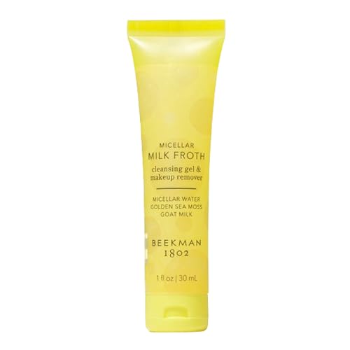 Beekman 1802 Micellar Milk Froth Cleansing Gel - Gently Cleanses & Removes Makeup - Double-Cleanse in 1 - Goat Milk & Golden Sea Moss - Fragrance Free - 1.0 fl. oz - Cruelty Free - Sensitive Skin Safe