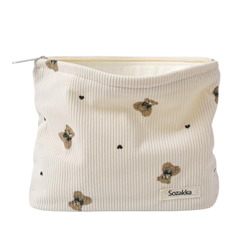 Corduroy Travel Makeup Bag with Bear Pattern, Cosmetic Bag for Purse Organizer, Toiletry Bag with Zipper For Women Travel Essentials(02Beige)