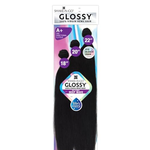 Shake-N-Go Virgin Remy Hair Weave Glossy 3 Bundles Wet & Wavy Deep Wave 14" 16" 18" (NATURAL BLACK)