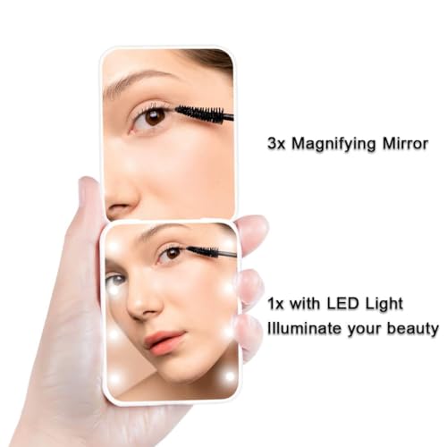 Compact Mirror, 1x/3x Magnification Mini Mirror for Purse, Pocket, Handheld, Stocking Stuffers, Travel Makeup, 2-Sided Foldable, Small Mirror with Led Lights