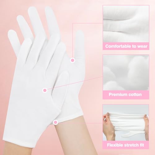 6 Pair White Cotton Gloves for Dry Hands, Moisturizing Overnight Work Gloves Liners for Eczema, Psoriasis Skin Spa Treatment Coin Jewelry Craft Handling for Women & Men, Large