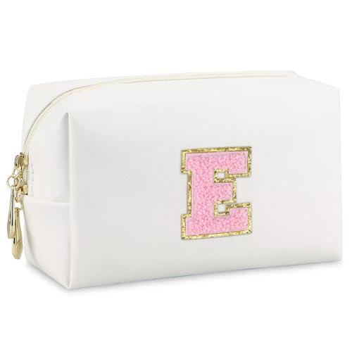 Initial Makeup Bag,Personalized preppy bag Waterproof PU Leather Chenille Letter Cosmetic Bag,Portable Travel Toiletry Bag Monogram Birthday Gift for Women Girls Mom Friends (Letter E)