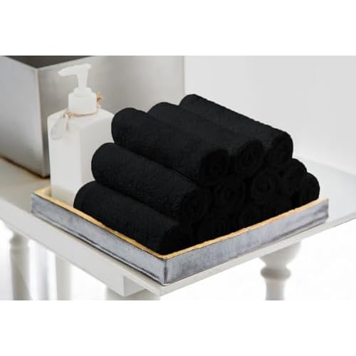 Avalon Towels Cotton Washcloths ? (Pack of 24) Size 12x12 Inches, 100% Ring Spun Cotton, Soft & Absorbent Face Towels, Gym Towels, Hotel and Spa Quality, Reusable Fingertip Towels (Black)