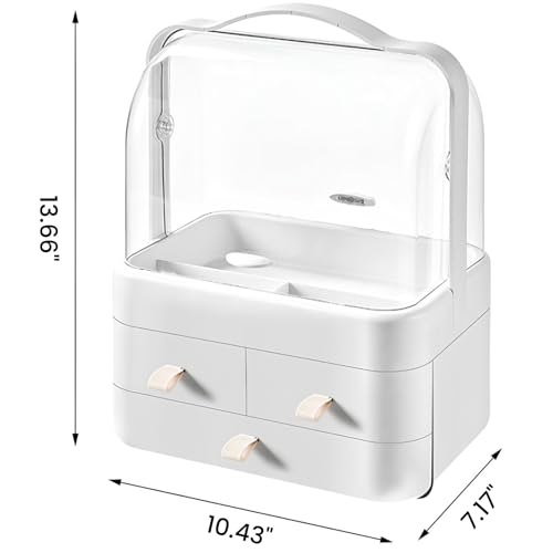Makeup Organizer and Storage for Vanity with Lid and Drawers, Waterproof and Dustproof Portable Skincare Cosmetics Boxes, Makeup Caddy Holder for Vanity Countertop, Bathroom, Dresser-All White