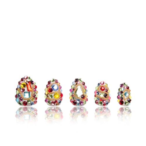LOVFUL Press on Nails Precious | Handmade with Full Covered Crystals | Reusable Fake Nails | Almond Short 0.8 in | H175-M