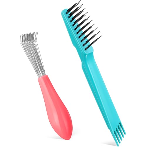 Boao 2 Pieces Hair Brush Cleaning Tool Comb Set Mini Hair Brush Dirt Remover with Metal Wire Rake for Removing Hair Dust Home and Salon Use(Pink and Green)